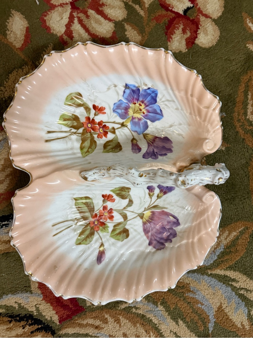 Antique double sides, German porcelain serving dish with handle